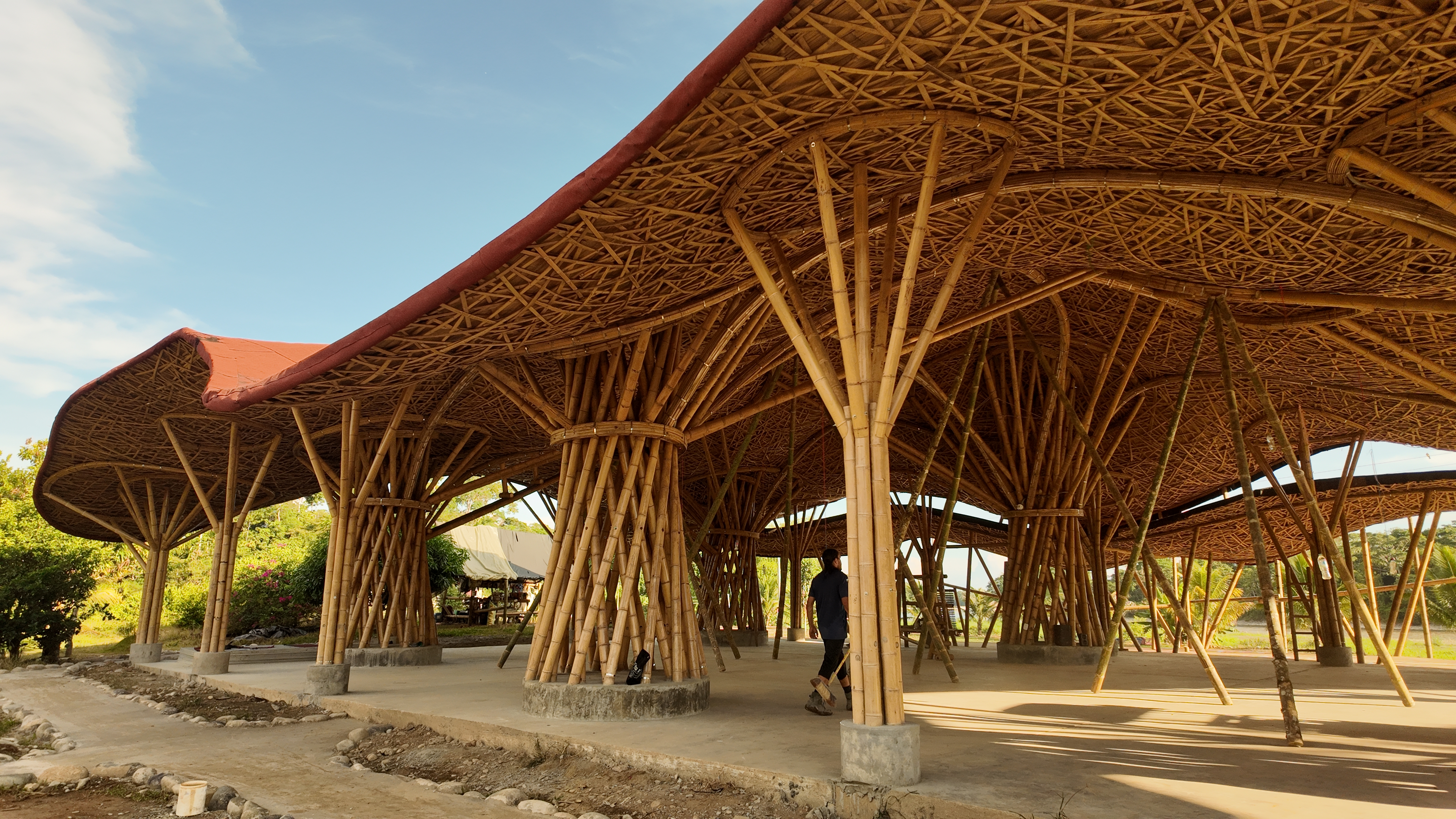 The cultural center at El Diviso seen from beneath its woven guadua canopy